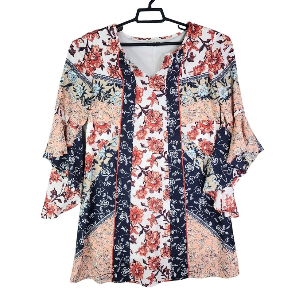 Women's Floral Patchwork Tunic Top Blouse w/ Bell Sleeves Multicolor Size S
